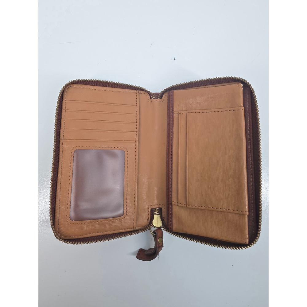 Fossil Logan Zip Around Clutch Wallet Tan Brown Pebbled Leather Gold Tone - Picture 3 of 5